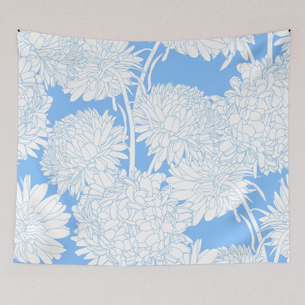 Item preview, Seamless repeating pattern with hand drawn chrysanthemum aster flowers in blue line on blue. designed and sold by MatyKotiv.