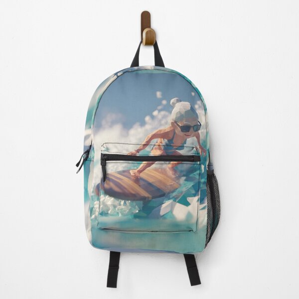Item preview, low poly healthy granny in bikini surfing big waves on longboard designed and sold by wonderisland.