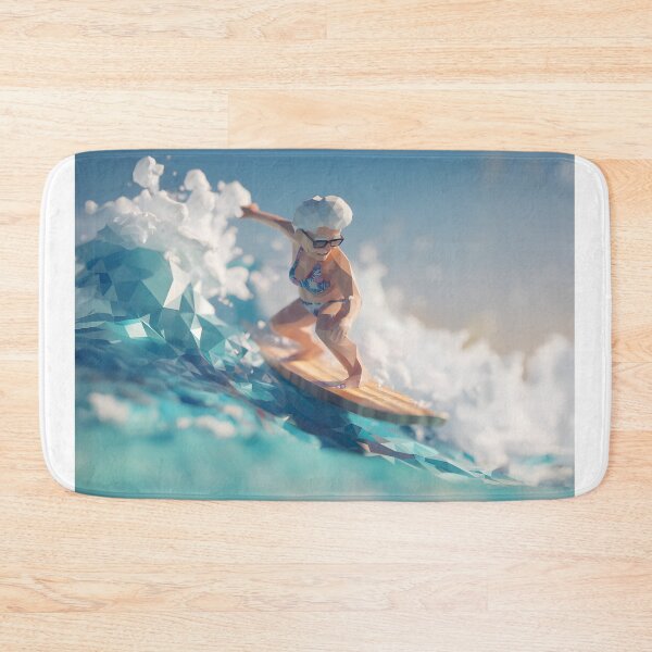 Item preview, low poly healthy granny in bikini surfing big waves on longboard designed and sold by wonderisland.