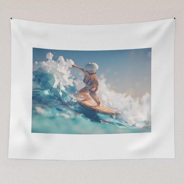 Item preview, low poly healthy granny in bikini surfing big waves on longboard designed and sold by wonderisland.