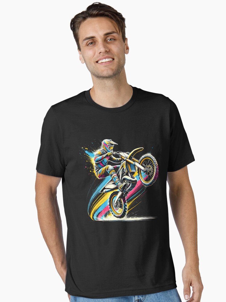 Thumbnail 1 of 7, Essential T-Shirt, Colorful Dirt Bike Rider Retro Motorcycle Motocross designed and sold by Krishania.