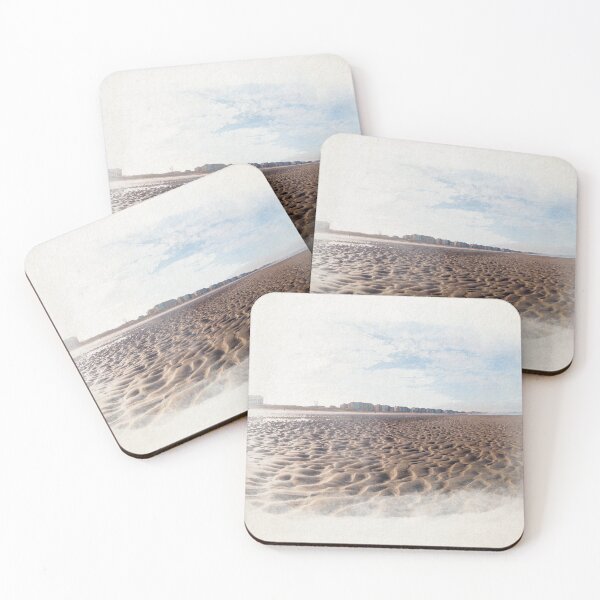 Item preview, Vast Sandy Beach With City Skyline Under Clear Blue Sky in watercolor designed and sold by FotoMahieu.