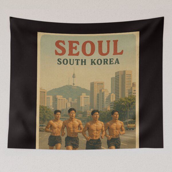 Item preview, Seoul South Korea – Shirtless Korean Men Runners Beneath Namsan Seoul Tower designed and sold by Aryabek.
