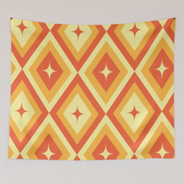 Item preview, Mid Century Retro Starbursts pattern on harlequin Diamonds in orange, red and light cream designed and sold by Yasminepatterns .