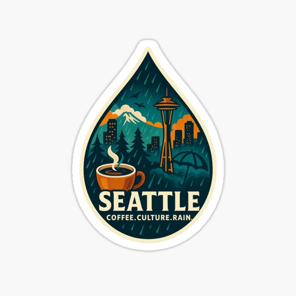 Item preview, Seattle Raindrop – Retro Rainy Skyline with Space Needle, Coffee & Mount Rainier designed and sold by SixthSolArt.