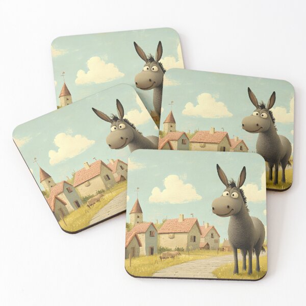 Item preview, Cheerful donkey on a village path by cozy cottages. designed and sold by Artessie.
