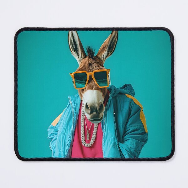 Item preview, Stylish donkey in vibrant urban outfit, teal backdrop designed and sold by Artessie.
