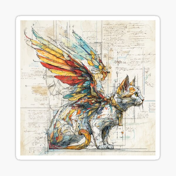 Item preview, Winged Cat Leonardo Style - Fantasy Feline Blueprint designed and sold by ajurnaya.