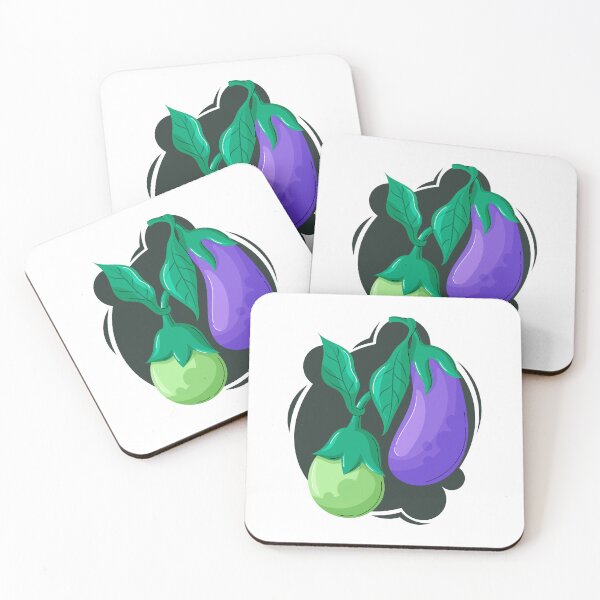 Item preview, Cartoon vector illustration of vibrant eggplants with green tops on a dark abstract background.  designed and sold by thkatefox.