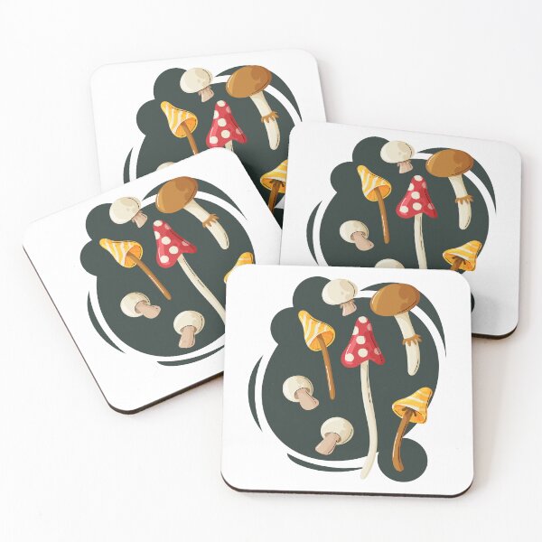 Item preview, Cartoon vector illustration of vibrant mushrooms on a dark abstract background.  designed and sold by thkatefox.