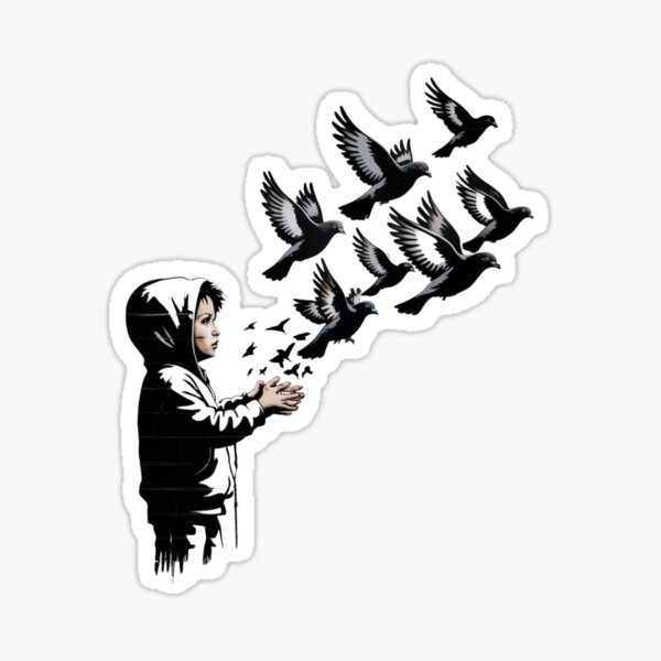 Item preview, a lone child releasing a flock of black pigeons into a hazy sky designed and sold by 123ks.