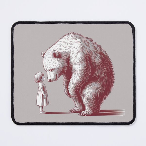 Item preview, young girl in a simple dress, standing still with her head tilted, and a massive, shaggy creature resembling a bear, bowing its head to meet her designed and sold by 123ks.