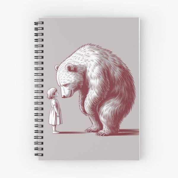 Item preview, young girl in a simple dress, standing still with her head tilted, and a massive, shaggy creature resembling a bear, bowing its head to meet her designed and sold by 123ks.