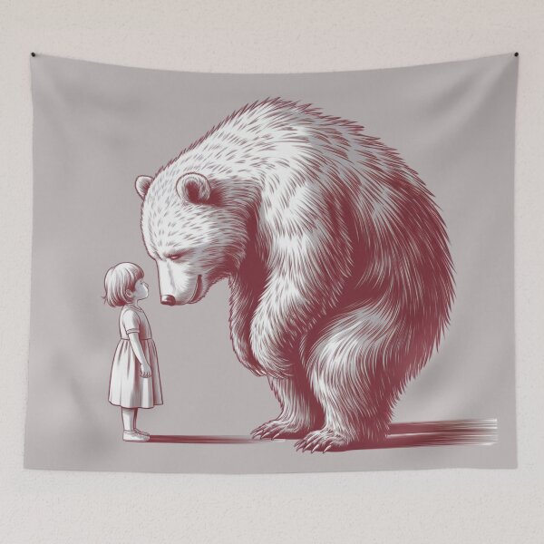 Item preview, young girl in a simple dress, standing still with her head tilted, and a massive, shaggy creature resembling a bear, bowing its head to meet her designed and sold by 123ks.