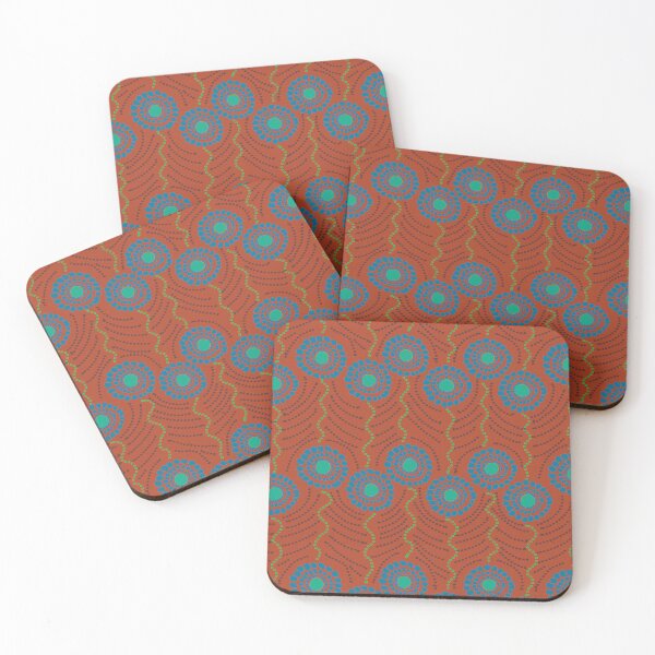 Item preview, Floral ripples and dots blues black accents on deep red designed and sold by phatlizzardart.