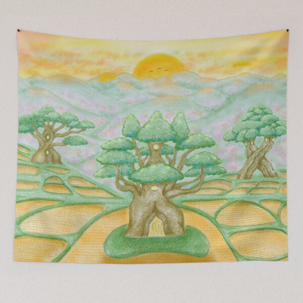 Item preview, A magical rice terraces mountains tree village designed and sold by greenPQBstudio.