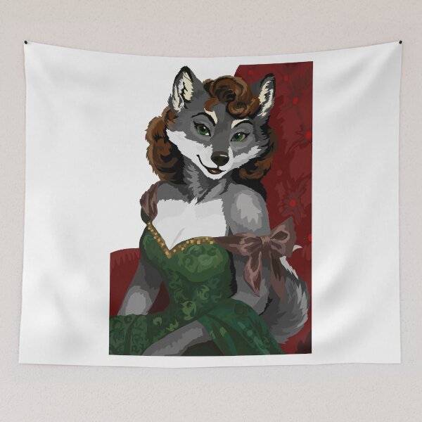Item preview, Sitting Wolf Woman in Elegant Pink & Green Dress designed and sold by KlakkDrawsStuff.