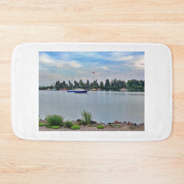 Item preview, View of Lake Superior from Bellevue park/Sault Ste Marie with small boats and beautiful clouds/sky/pine trees/Canada designed and sold by VeenaNair23.