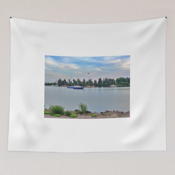 Item preview, View of Lake Superior from Bellevue park/Sault Ste Marie with small boats and beautiful clouds/sky/pine trees/Canada designed and sold by VeenaNair23.