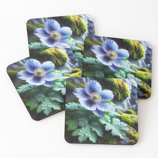 Item preview, Blue poppy on mossy rocky wall flora macro designed and sold by EmeraldeaArt.