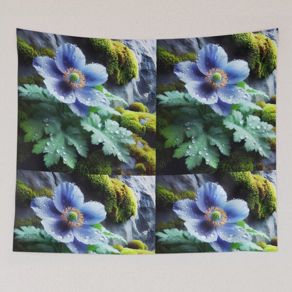 Item preview, Blue poppy on mossy rocky wall flora macro designed and sold by EmeraldeaArt.