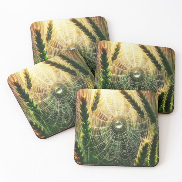Item preview, spider web dew drop hanging from green wheats on wheat-field designed and sold by EmeraldeaArt.