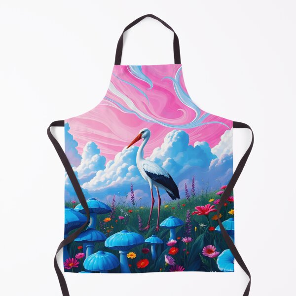 Item preview, Stork standing on a blue funghi and wildflowers covered meadow underthe pink marblingsky bird art designed and sold by EmeraldeaArt.