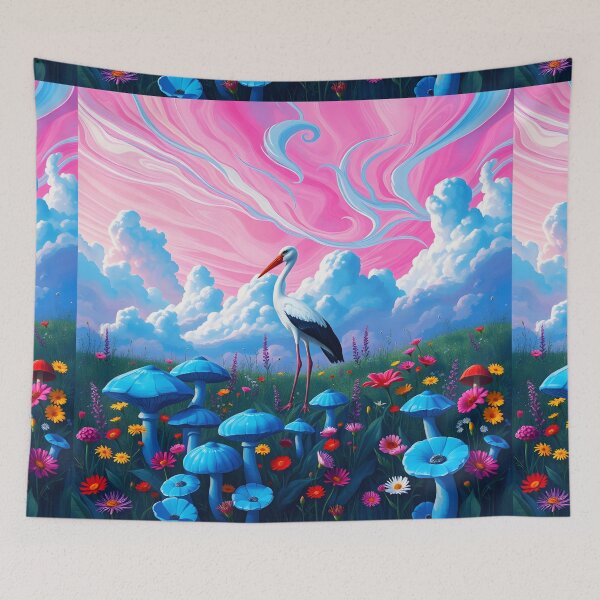 Item preview, Stork standing on a blue funghi and wildflowers covered meadow underthe pink marblingsky bird art designed and sold by EmeraldeaArt.