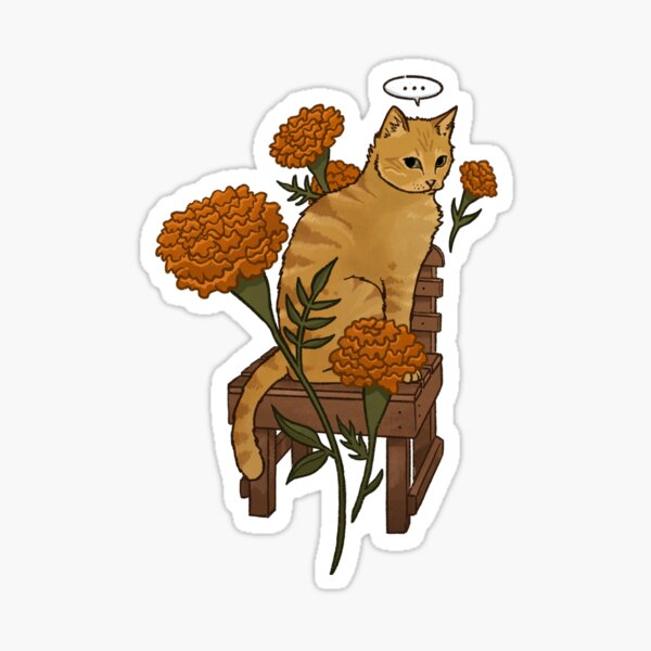 Artikel-Vorschau von Orangefarbene Katze auf einem Stuhl mit Ringelblumen, designt und verkauft von hannaxart.