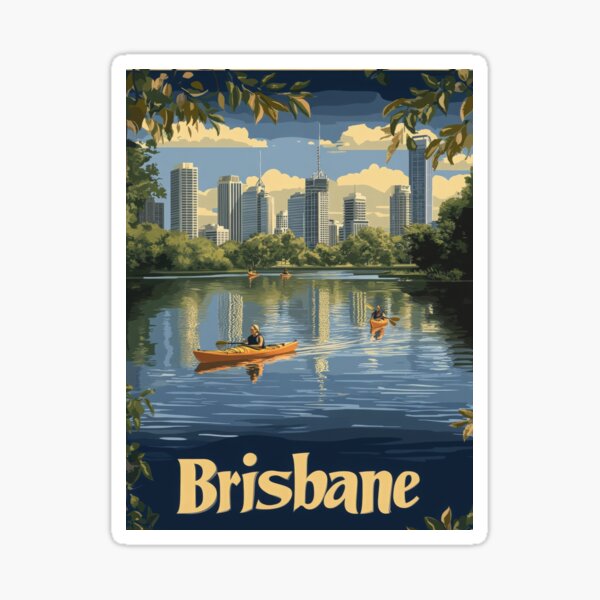 Item preview, This vintage travel poster invites viewers to experience the beauty of Brisbane, showcasing its skyline above a serene river scene with designed and sold by aihrgdesign.