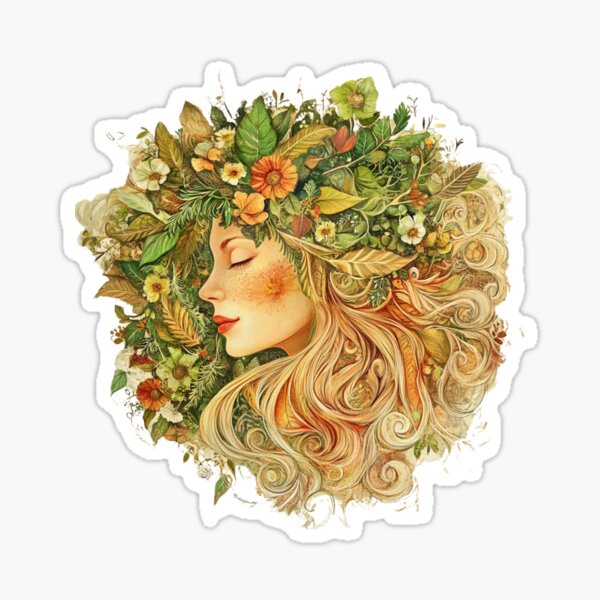 Vista previa del artículo con la obra «Espíritu de la Madre Tierra con cabello suelto hecho de hojas y flores, fondo de mandala boho, estilo vintage rústico, tonos naturales cálidos, ambiente mágico y caprichoso.», diseñado y vendido por NeCcreazioni.