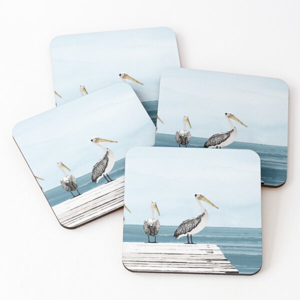 Item preview, Pelicans on the Pier Blue and Grey Coastal Watercolor designed and sold by Janine Aykens.