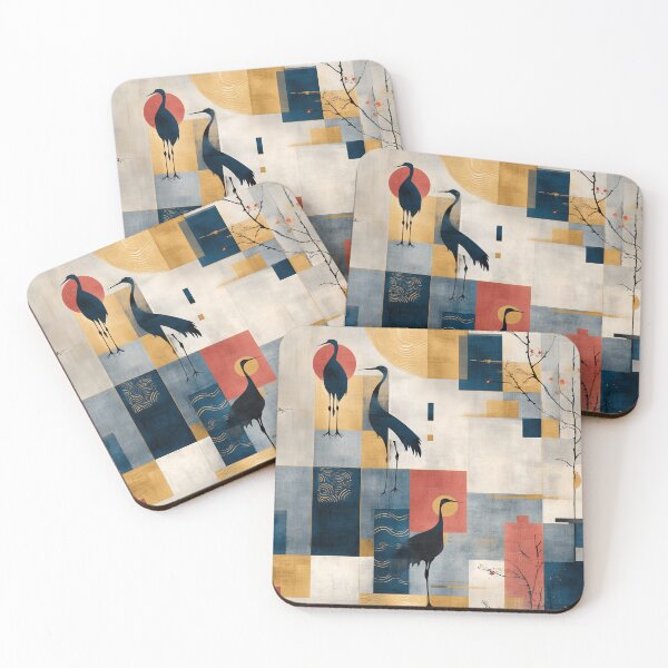 Item preview, Golden Balance – Cranes in Geometric Indigo Harmony designed and sold by Moisky Patterns.