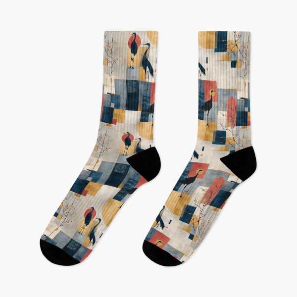 Item preview, Golden Balance – Cranes in Geometric Indigo Harmony designed and sold by Moisky Patterns.