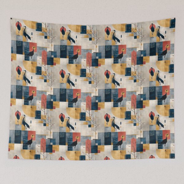 Item preview, Golden Balance – Cranes in Geometric Indigo Harmony designed and sold by Moisky Patterns.