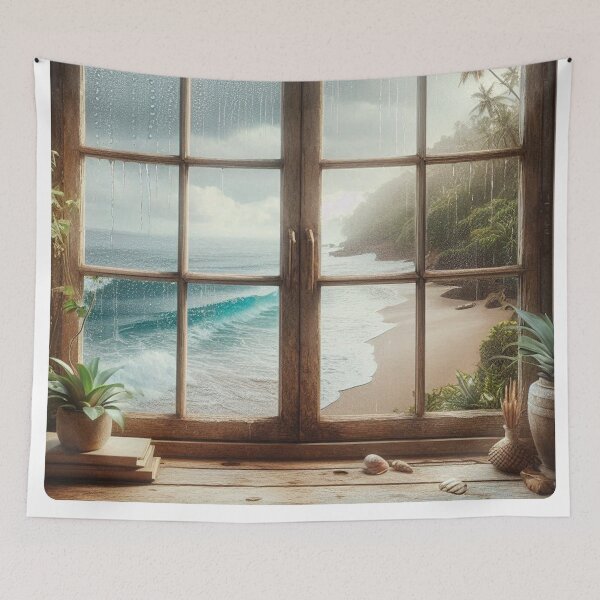 Item preview, Rustic Window Beach View in Bali – Ultra-Realistic Rainy Glass Design for Travel Lovers and City Vacation Dreamers designed and sold by knalpot-design.