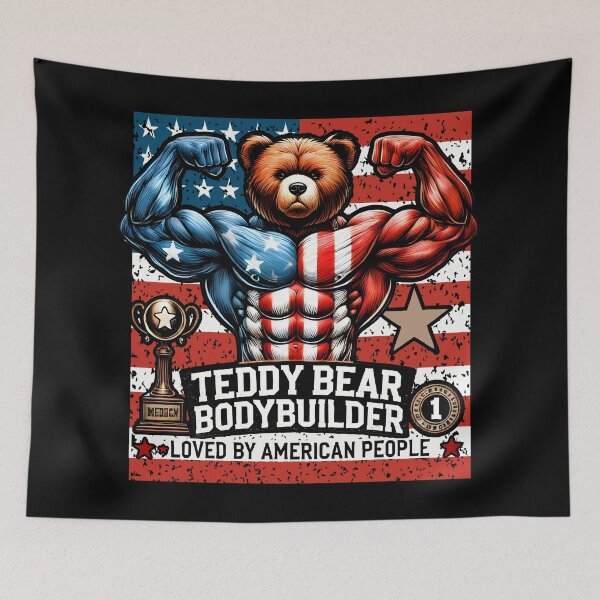 Item preview, Teddy Bear Bodybuilder American Flag Funny Gym Design designed and sold by DrawHandArt.