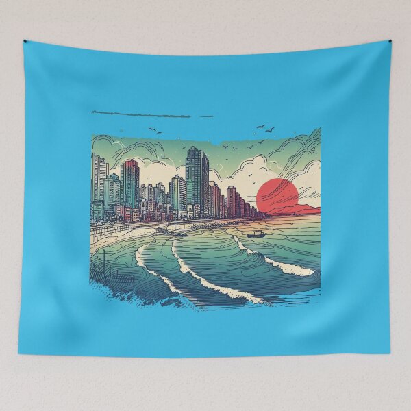 Item preview,  Minimalist Haeundae South Korea Watercolor Cityscape Sketch ,  designed and sold by PaintMeWorld.