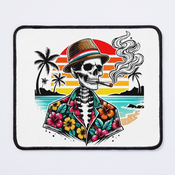 Item preview, Skeleton in Hawaiian Shirt Smoking Cigar at Sunset – Retro Tropical Beach Vibes Skull  designed and sold by DrawHandArt.