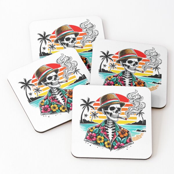 Item preview, Skeleton in Hawaiian Shirt Smoking Cigar at Sunset – Retro Tropical Beach Vibes Skull  designed and sold by DrawHandArt.