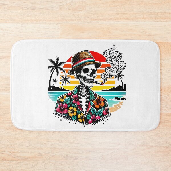 Item preview, Skeleton in Hawaiian Shirt Smoking Cigar at Sunset – Retro Tropical Beach Vibes Skull  designed and sold by DrawHandArt.