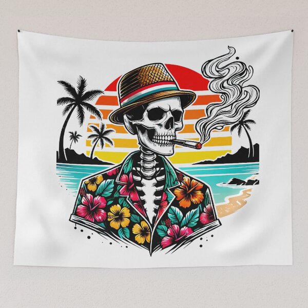 Item preview, Skeleton in Hawaiian Shirt Smoking Cigar at Sunset – Retro Tropical Beach Vibes Skull  designed and sold by DrawHandArt.