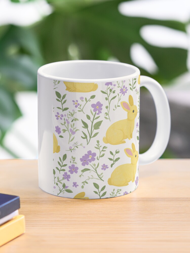 Thumbnail 1 of 6, Coffee Mug, Yellow Bunny & Lavender Floral Pattern – Springtime Whimsy designed and sold by Patricks-Art.