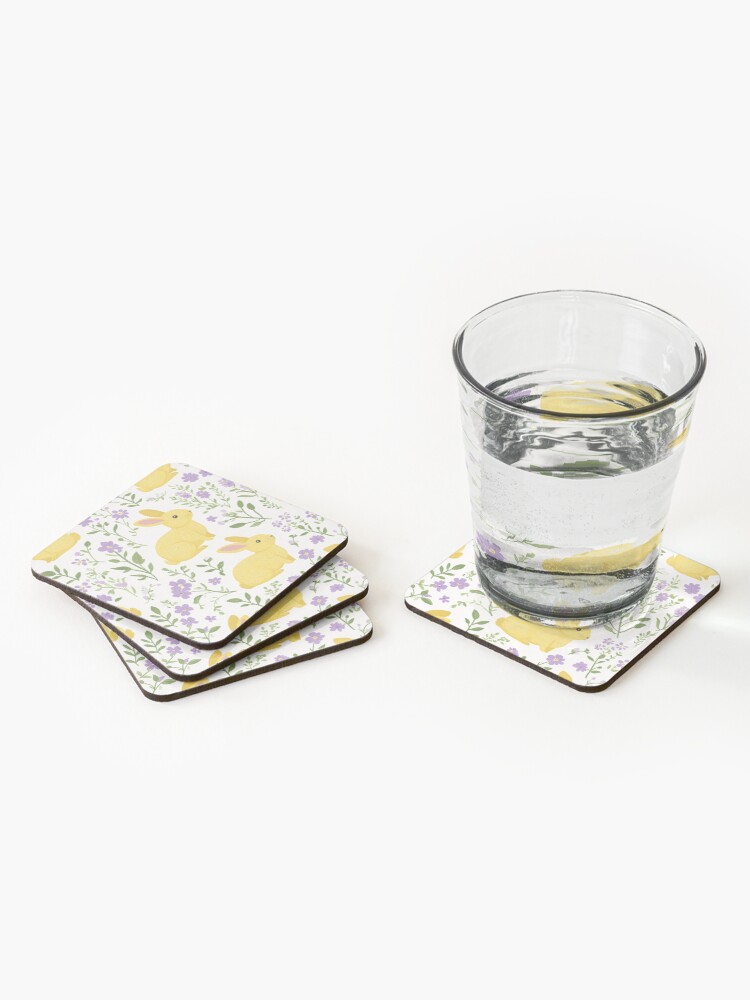 Thumbnail 2 of 5, Coasters (Set of 4), Yellow Bunny & Lavender Floral Pattern – Springtime Whimsy designed and sold by Patricks-Art.