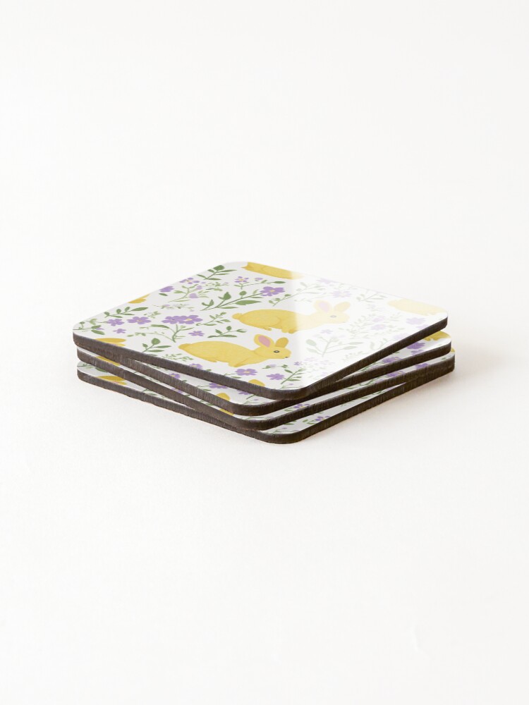 Thumbnail 4 of 5, Coasters (Set of 4), Yellow Bunny & Lavender Floral Pattern – Springtime Whimsy designed and sold by Patricks-Art.