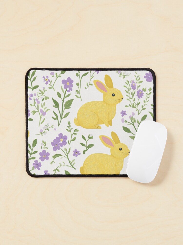 Thumbnail 1 of 5, Mouse Pad, Yellow Bunny & Lavender Floral Pattern – Springtime Whimsy designed and sold by Patricks-Art.