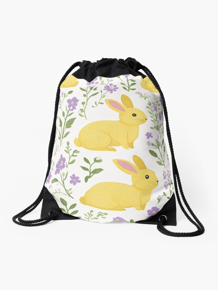 Thumbnail 1 of 3, Drawstring Bag, Yellow Bunny & Lavender Floral Pattern – Springtime Whimsy designed and sold by Patricks-Art.