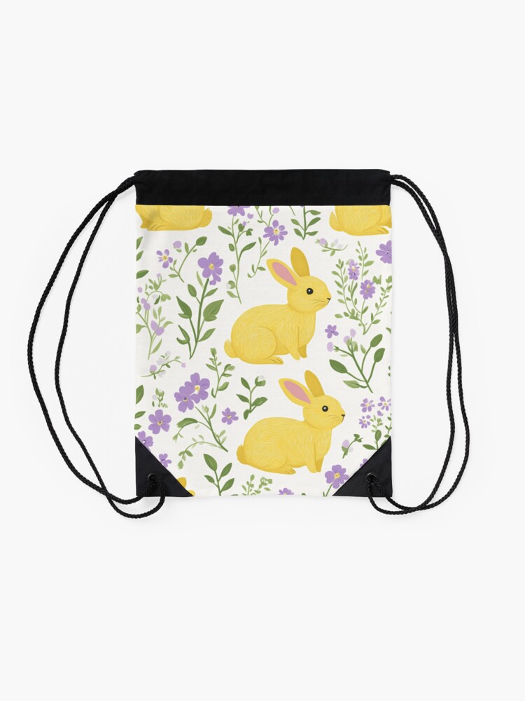 Thumbnail 2 of 3, Drawstring Bag, Yellow Bunny & Lavender Floral Pattern – Springtime Whimsy designed and sold by Patricks-Art.