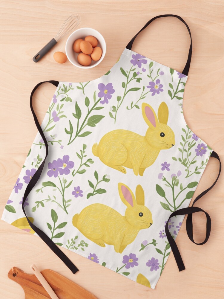 Thumbnail 1 of 6, Apron, Yellow Bunny & Lavender Floral Pattern – Springtime Whimsy designed and sold by Patricks-Art.