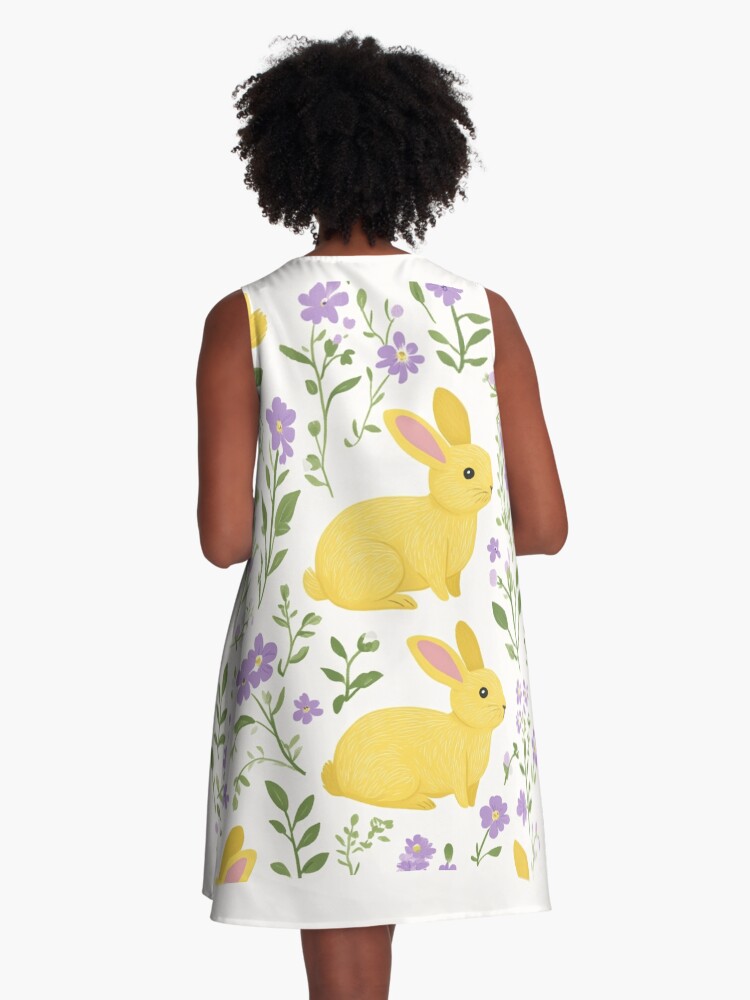 Thumbnail 3 of 4, A-Line Dress, Yellow Bunny & Lavender Floral Pattern – Springtime Whimsy designed and sold by Patricks-Art.